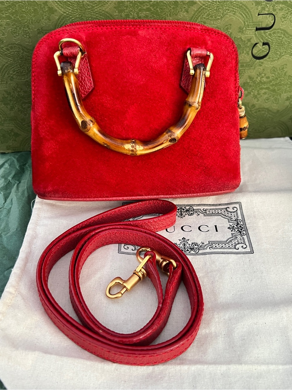 Gucci Red Suede Mini Bag with Bamboo Handle